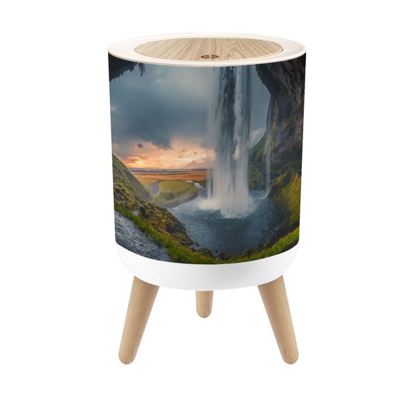 Small Trash Can with Lid Behind waterfall Seljalandsfoss Waterfall Iceland 1.8 Gallon Dog Proof Trash Can Round Garbage Can Waste Bin Wastebasket for Bathroom Bedroom Living Room