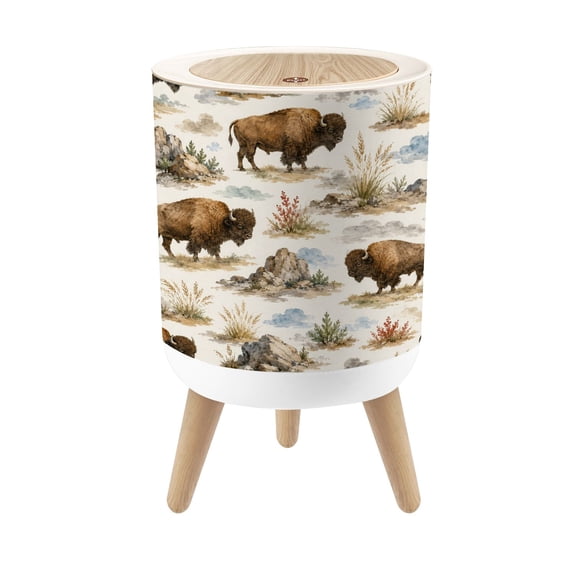 Small Trash Can with Lid Bison Wildlife Watercolor Seamless Prairie Grass Rocks Earth Tone 1.8 Gallon Dog Proof Trash Can Round Garbage Can Waste Bin Wastebasket for Bathroom Bedroom Living Room
