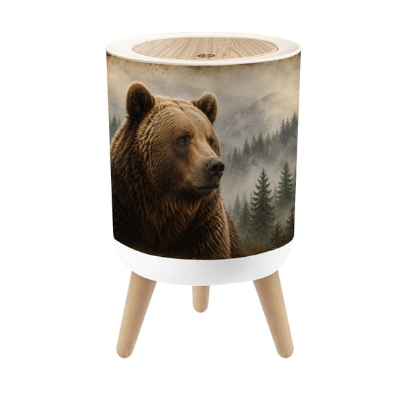 Small Trash Can with Lid Black Bear Rustic Grizzly Animal Pine Tree Large Bear 1.8 Gallon Dog Proof Trash Can Round Garbage Can Waste Bin Wastebasket for Bathroom Bedroom Living Room