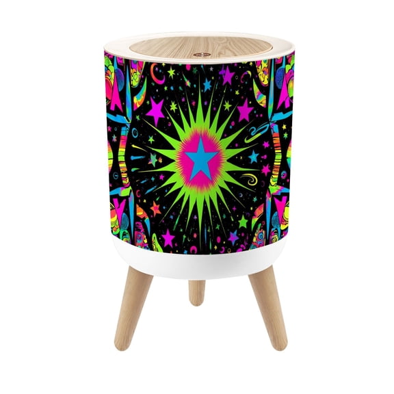 Small Trash Can with Lid Blacklight Burning Sun Neon UV Reactive Celestial Moon Star 1.8 Gallon Dog Proof Trash Can Round Garbage Can Waste Bin Wastebasket for Bathroom Bedroom Living Room