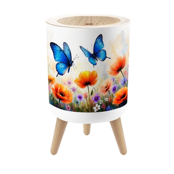 Small Trash Can with Lid Blue Butterfly Colorful Flower Abstract Butterfly Bathroom Wall 1.8 Gallon Dog Proof Trash Can Round Garbage Can Waste Bin Wastebasket for Bathroom Bedroom Living Room
