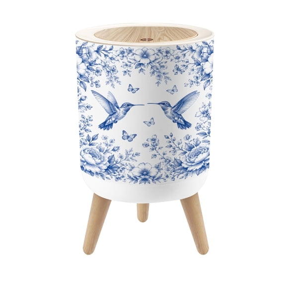 Small Trash Can with Lid Blue Floral Butterflies Detailed Botanical 1.8 Gallon Dog Proof Trash Can Round Garbage Can Waste Bin Wastebasket for Bathroom Bedroom Living Room