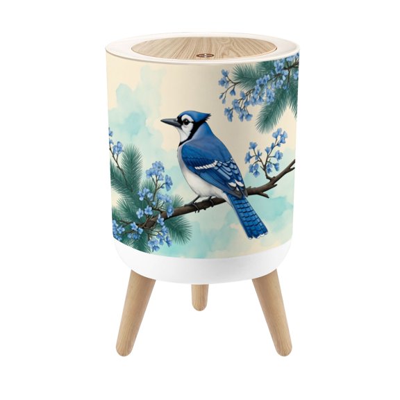 Small Trash Can with Lid Blue Jay Bird Perched Branch Blooming Blue Flowers Green 1.8 Gallon Dog Proof Trash Can Round Garbage Can Waste Bin Wastebasket for Bathroom Bedroom Living Room