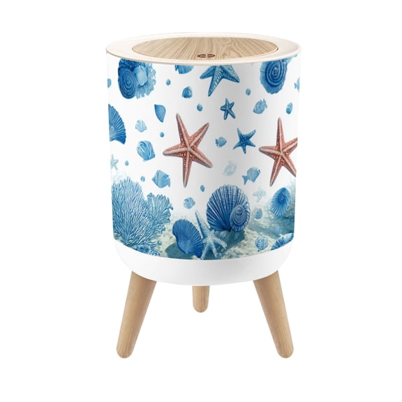 Small Trash Can with Lid Blue Ocean Coral Starfish Seashells Fish Coastal 1.8 Gallon Dog Proof Trash Can Round Garbage Can Waste Bin Wastebasket for Bathroom Bedroom Living Room