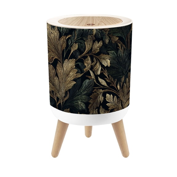 Small Trash Can with Lid Botanical Floral Gold Green Leaves Dark 1.8 Gallon Dog Proof Trash Can Round Garbage Can Waste Bin Wastebasket for Bathroom Bedroom Living Room