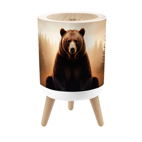 Small Trash Can with Lid Brown Bear Forest Animal Art Print Painting Grizzly Bear Mist 1.8 Gallon Dog Proof Trash Can Round Garbage Can Waste Bin Wastebasket for Bathroom Bedroom Living Room