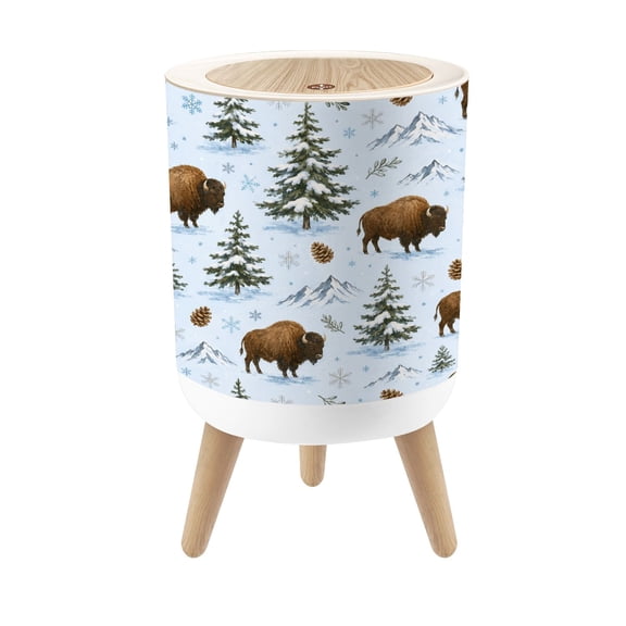 Small Trash Can with Lid Buffalo Winter Forest Snowy Trees Mountains 1.8 Gallon Dog Proof Trash Can Round Garbage Can Waste Bin Wastebasket for Bathroom Bedroom Living Room