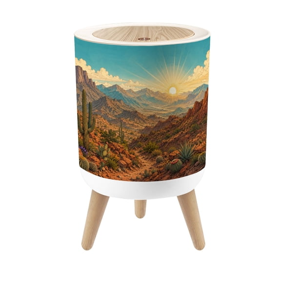 Small Trash Can with Lid Cactus String Arizona Desert Landscape Boho Western 1.8 Gallon Dog Proof Trash Can Round Garbage Can Waste Bin Wastebasket for Bathroom Bedroom Living Room