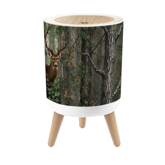 Small Trash Can with Lid Camouflage Forest Hidden Stag Autumn Leaves 1.8 Gallon Dog Proof Trash Can Round Garbage Can Waste Bin Wastebasket for Bathroom Bedroom Living Room