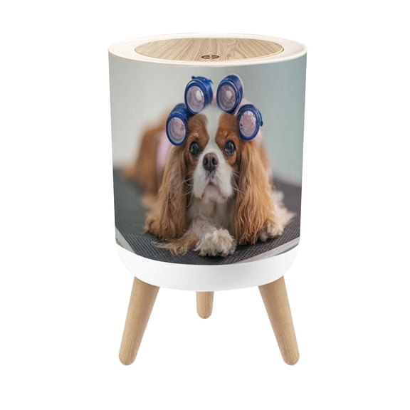 Small Trash Can with Lid Cavalier King Charles Spaniel dog grooming session 1.8 Gallon Dog Proof Trash Can Round Garbage Can Waste Bin Wastebasket for Bathroom Bedroom Living Room