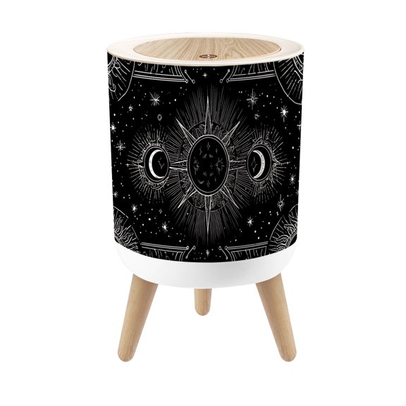 Small Trash Can with Lid Celestial Sun Moon Design Stars Radiant Patterns 1.8 Gallon Dog Proof Trash Can Round Garbage Can Waste Bin Wastebasket for Bathroom Bedroom Living Room