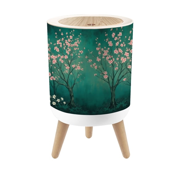 Small Trash Can with Lid Cherry Blossom Trees Soft Pink Flowers Deep Emerald Green 1.8 Gallon Dog Proof Trash Can Round Garbage Can Waste Bin Wastebasket for Bathroom Bedroom Living Room