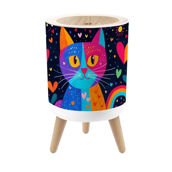 Small Trash Can with Lid Colorful Cat Hearts Rainbow Dark 1.8 Gallon Dog Proof Trash Can Round Garbage Can Waste Bin Wastebasket for Bathroom Bedroom Living Room
