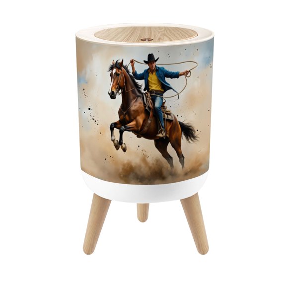 Small Trash Can with Lid Cowboy Riding Rearing Horse Lasso Dynamic Action Scene 1.8 Gallon Dog Proof Trash Can Round Garbage Can Waste Bin Wastebasket for Bathroom Bedroom Living Room