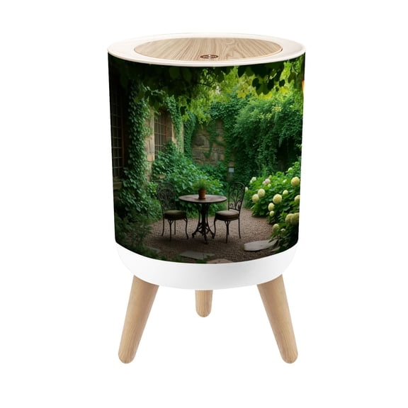 Small Trash Can with Lid Cozy Garden Patio Round Table Wrought Iron Chairs Greenery 1.8 Gallon Dog Proof Trash Can Round Garbage Can Waste Bin Wastebasket for Bathroom Bedroom Living Room
