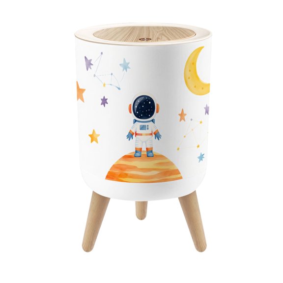Small Trash Can with Lid Cute Astronaut Standing Orange Planet Stars Moon Constellations 1.8 Gallon Dog Proof Trash Can Round Garbage Can Waste Bin Wastebasket for Bathroom Bedroom Living Room