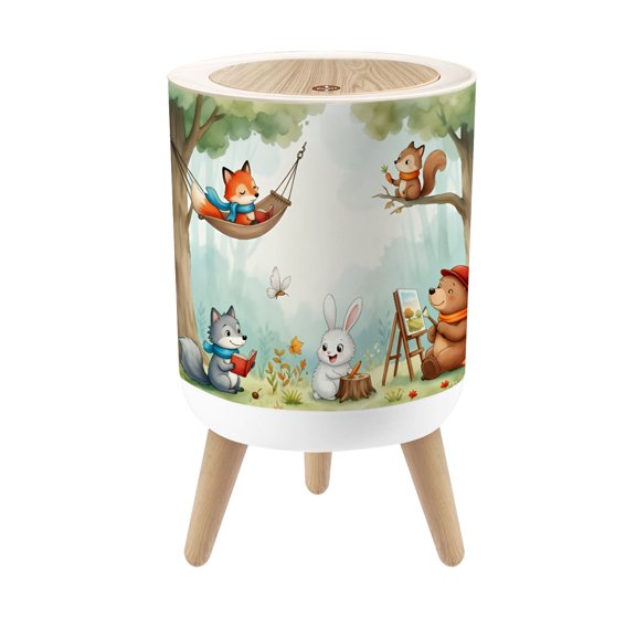 Small Trash Can with Lid Cute Forest Animals Reading Painting Whimsical Woodland Scene 1.8 Gallon Dog Proof Trash Can Round Garbage Can Waste Bin Wastebasket for Bathroom Kids Bedroom Classroom