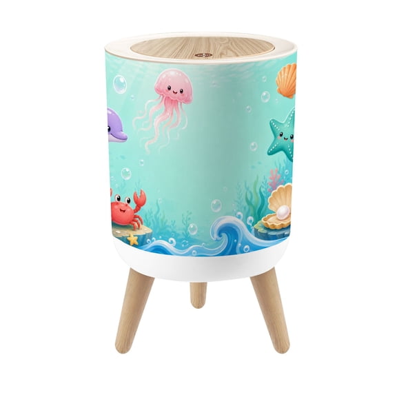Small Trash Can with Lid Cute Underwater Scene Cartoon Marine Animals Coral 1.8 Gallon Dog Proof Trash Can Round Garbage Can Waste Bin Wastebasket for Bathroom Bedroom