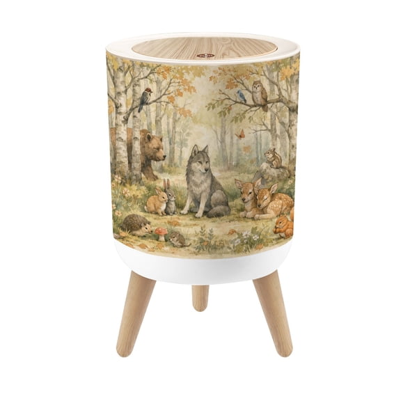 Small Trash Can with Lid Cute Woodland Animals Pastel Forest for Kids Nursery birch trees 1.8 Gallon Dog Proof Trash Can Round Garbage Can Waste Bin Wastebasket for Bathroom Bedroom Living Room