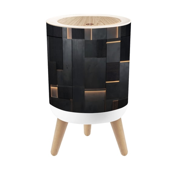 Small Trash Can with Lid Dark Geometric Wood Metal Wall Panels Warm Backlit Lines Modern 3D 1.8 Gallon Dog Proof Trash Can Round Garbage Can Waste Bin Wastebasket for Bathroom Bedroom Living Room