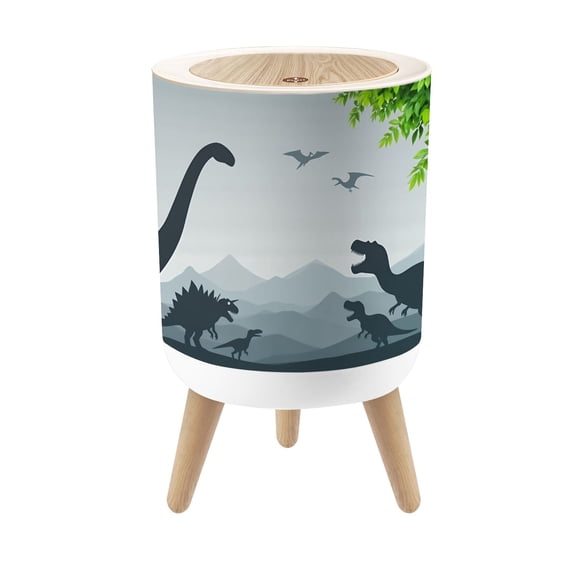 Small Trash Can with Lid Dinosaur Silhouettes Misty Mountain Landscape Pterodactyls 1.8 Gallon Dog Proof Trash Can Round Garbage Can Waste Bin Wastebasket for Bathroom Kids Bedroom Classroom