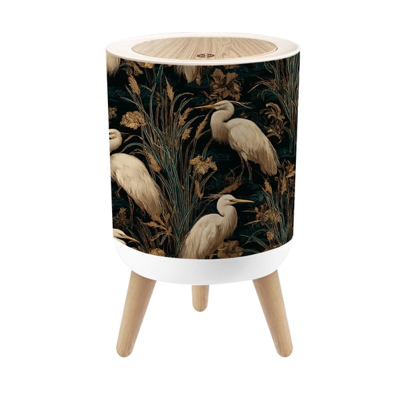 Small Trash Can with Lid Elegant White Herons Golden Floral Dark 1.8 Gallon Dog Proof Trash Can Round Garbage Can Waste Bin Wastebasket for Bathroom Bedroom Living Room
