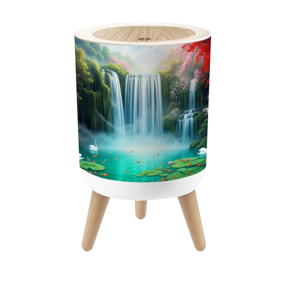 Small Trash Can with Lid Fish Pond Nature Scenery Waterfall Greenery Lotus Flowers Fish 1.8 Gallon Dog Proof Trash Can Round Garbage Can Waste Bin Wastebasket for Bathroom Bedroom Living Room