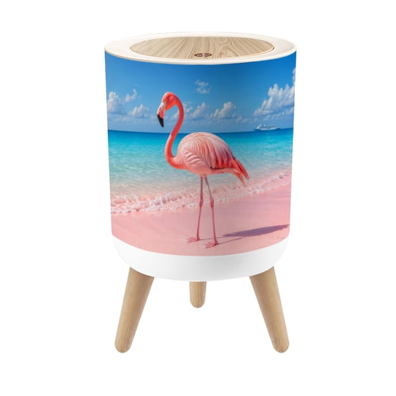 Small Trash Can with Lid Flamingo Pink Beach Turquoise Ocean Clouds 1.8 Gallon Dog Proof Trash Can Round Garbage Can Waste Bin Wastebasket for Bathroom Bedroom Living Room