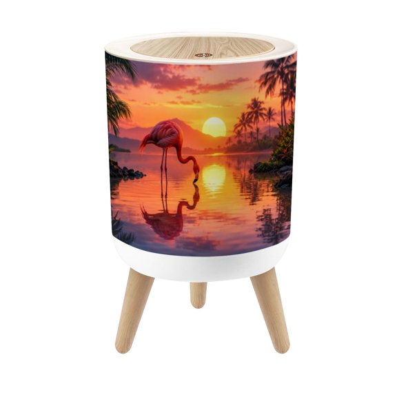Small Trash Can with Lid Flamingo Pink Tropical Lagoon Sunset Palm Trees Mountain 1.8 Gallon Dog Proof Trash Can Round Garbage Can Waste Bin Wastebasket for Bathroom Bedroom Living Room