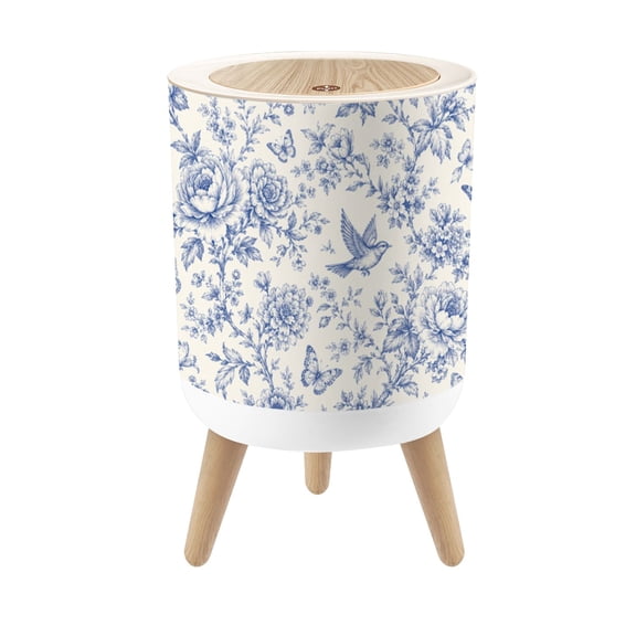 Small Trash Can with Lid Floral Vintage Boho Blue Cream White Flowers Birds Butterflies 1.8 Gallon Dog Proof Trash Can Round Garbage Can Waste Bin Wastebasket for Bathroom Bedroom Living Room