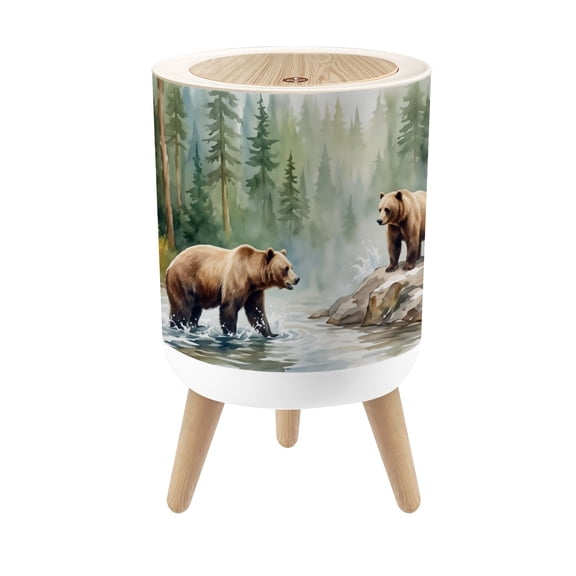 Small Trash Can with Lid Forest Scene Brown Bears River Watercolor 1.8 Gallon Dog Proof Trash Can Round Garbage Can Waste Bin Wastebasket for Bathroom Kids Bedroom Classroom