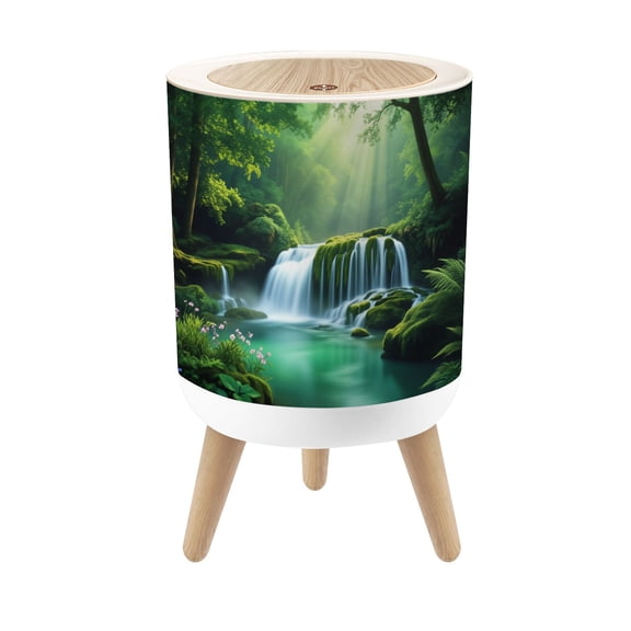 Small Trash Can with Lid Forest Waterfall Sunbeams Mossy Rocks Emerald Pool 1.8 Gallon Dog Proof Trash Can Round Garbage Can Waste Bin Wastebasket for Bathroom Bedroom Living Room