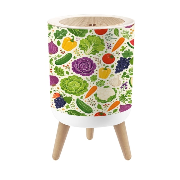 Small Trash Can with Lid Fresh Colorful Vegetables Fruits Display Lettuce Tomatoes Peppers 1.8 Gallon Dog Proof Trash Can Round Garbage Can Waste Bin Wastebasket for Bathroom Bedroom Living Room