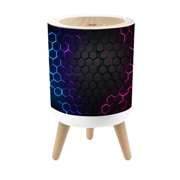 Small Trash Can with Lid Futuristic Hexagonal Grid Neon Blue Purple Glow 1.8 Gallon Dog Proof Trash Can Round Garbage Can Waste Bin Wastebasket for Bathroom Bedroom Living Room