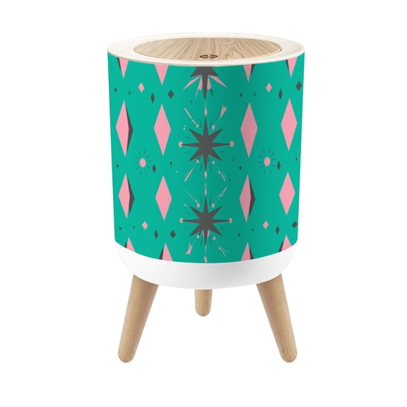 Small Trash Can with Lid Geometric Diamond Teal Pink Retro Seamless Design 1.8 Gallon Dog Proof Trash Can Round Garbage Can Waste Bin Wastebasket for Bathroom Bedroom Living Room