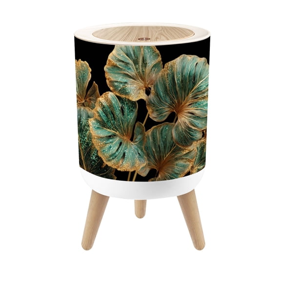 Small Trash Can with Lid Glossy Emerald Monstera Leaves Matte Black 1.8 Gallon Dog Proof Trash Can Round Garbage Can Waste Bin Wastebasket for Bathroom Bedroom Living Room