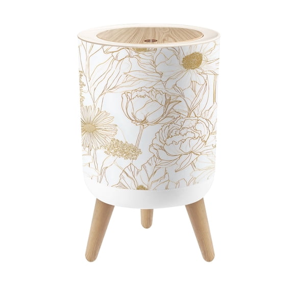 Small Trash Can with Lid Golden Floral Line Art Seamless 1.8 Gallon Dog Proof Trash Can Round Garbage Can Waste Bin Wastebasket for Bathroom Bedroom Living Room