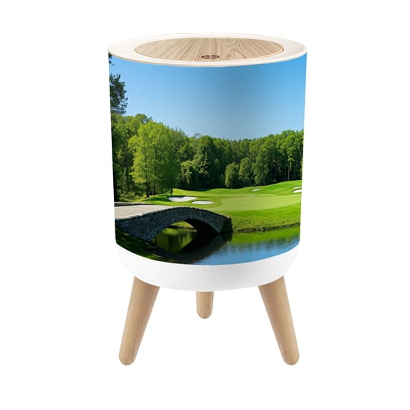 Small Trash Can with Lid Golf Course Modern Stone Bridge Greenery 1.8 Gallon Dog Proof Trash Can Round Garbage Can Waste Bin Wastebasket for Bathroom Bedroom Living Room