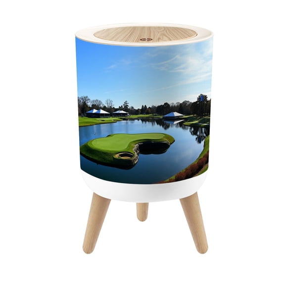 Small Trash Can with Lid Golf Course Water Feature Trees Blue 1.8 Gallon Dog Proof Trash Can Round Garbage Can Waste Bin Wastebasket for Bathroom Bedroom Living Room