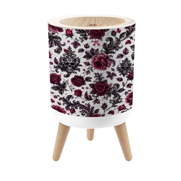 Small Trash Can with Lid Gothic Floral Dark Red Roses Ornate Skull Design 1.8 Gallon Dog Proof Trash Can Round Garbage Can Waste Bin Wastebasket for Bathroom Bedroom Living Room