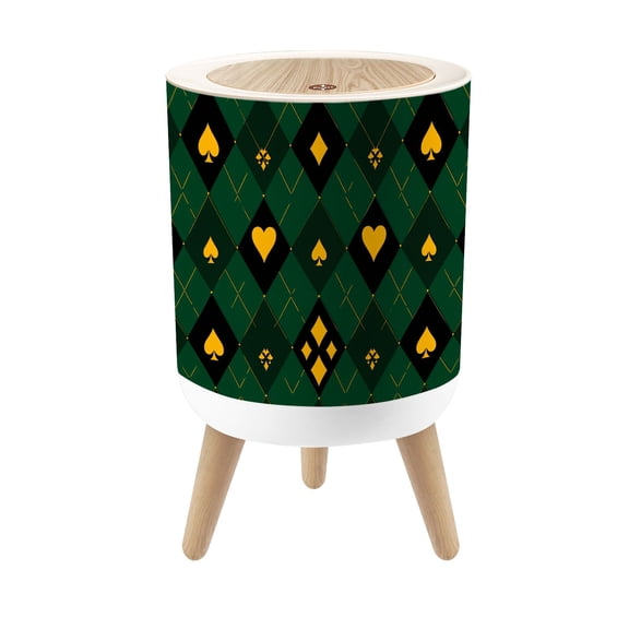 Small Trash Can with Lid Green Gold Playing Suit Argyle Design 1.8 Gallon Dog Proof Trash Can Round Garbage Can Waste Bin Wastebasket for Bathroom Bedroom Living Room
