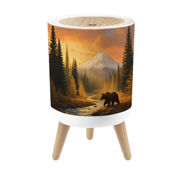 Small Trash Can with Lid Grizzly Bear Walking Forest Stream Snow Capped Mountain Sunset 1.8 Gallon Dog Proof Trash Can Round Garbage Can Waste Bin Wastebasket for Bathroom Bedroom Living Room