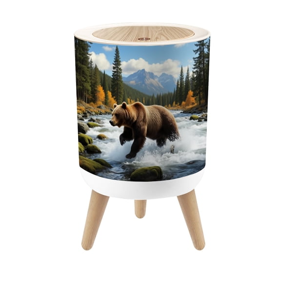 Small Trash Can with Lid Grizzly Bear Walking Mountain Stream Autumn Forest 1.8 Gallon Dog Proof Trash Can Round Garbage Can Waste Bin Wastebasket for Bathroom Bedroom Living Room