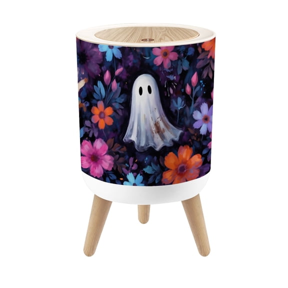 Small Trash Can with Lid Halloween Cute Floral Ghost Haunted Forest Funny Dark Romantic 1.8 Gallon Dog Proof Trash Can Round Garbage Can Waste Bin Wastebasket for Bathroom Bedroom Living Room