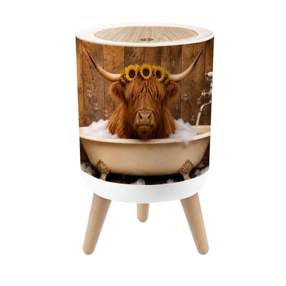 Small Trash Can with Lid Highland Cow Funny Cow Sunflower Animal Cow Brown Sunflower Crown 1.8 Gallon Dog Proof Trash Can Round Garbage Can Waste Bin Wastebasket for Bathroom Bedroom Living Room