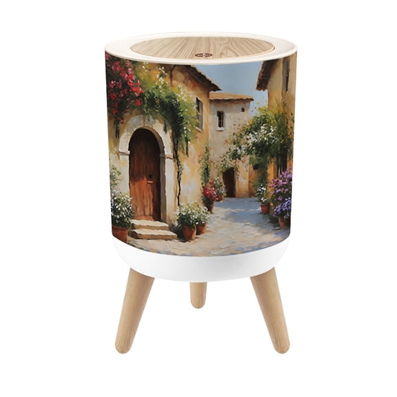 Small Trash Can with Lid Italian Street Tuscan Landscape Stone Archways Potted Flowers 1.8 Gallon Dog Proof Trash Can Round Garbage Can Waste Bin Wastebasket for Bathroom Bedroom Living Room