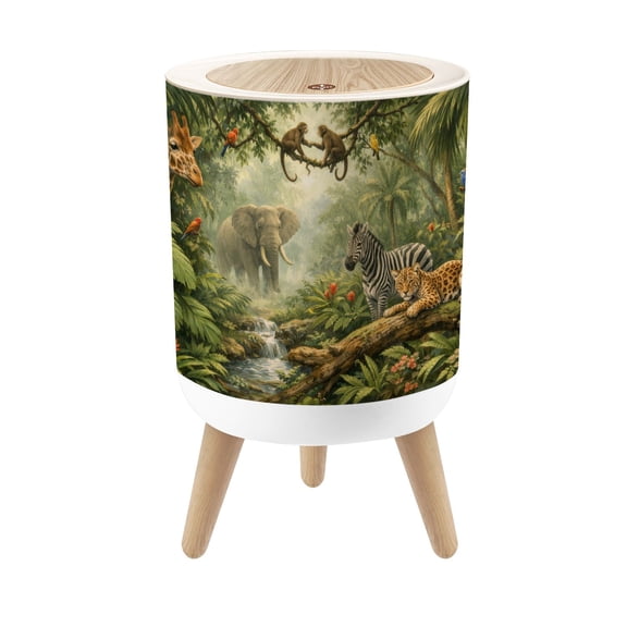 Small Trash Can with Lid Jungle Wild Animals Giraffe Zebra Elephant Greenery Nursery 1.8 Gallon Dog Proof Trash Can Round Garbage Can Waste Bin Wastebasket for Bathroom Bedroom Living Room
