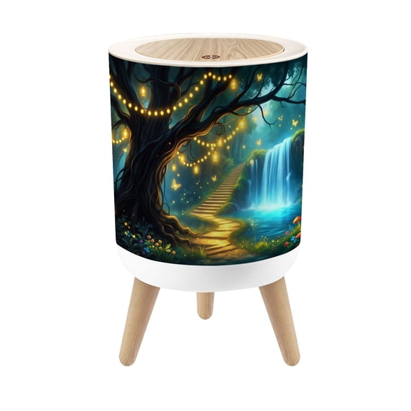 Small Trash Can with Lid Magical Forest Glowing Lights Waterfall Butterflies 1.8 Gallon Dog Proof Trash Can Round Garbage Can Waste Bin Wastebasket for Bathroom Bedroom Living Room