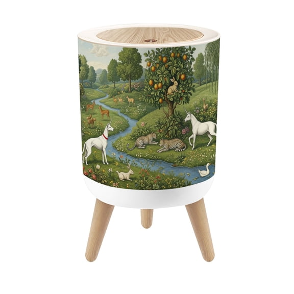Small Trash Can with Lid Magical Garden Dogs Wild Animals Serene Landscape 1.8 Gallon Dog Proof Trash Can Round Garbage Can Waste Bin Wastebasket for Bathroom Bedroom Living Room