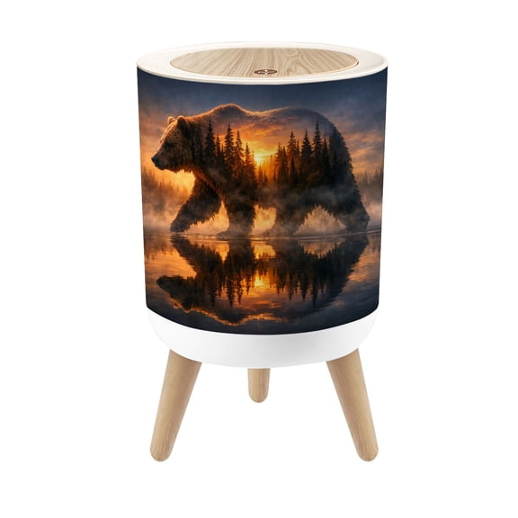 Small Trash Can with Lid Majestic Bear Silhouette Forest Sunset Reflection Art 1.8 Gallon Dog Proof Trash Can Round Garbage Can Waste Bin Wastebasket for Bathroom Bedroom Living Room